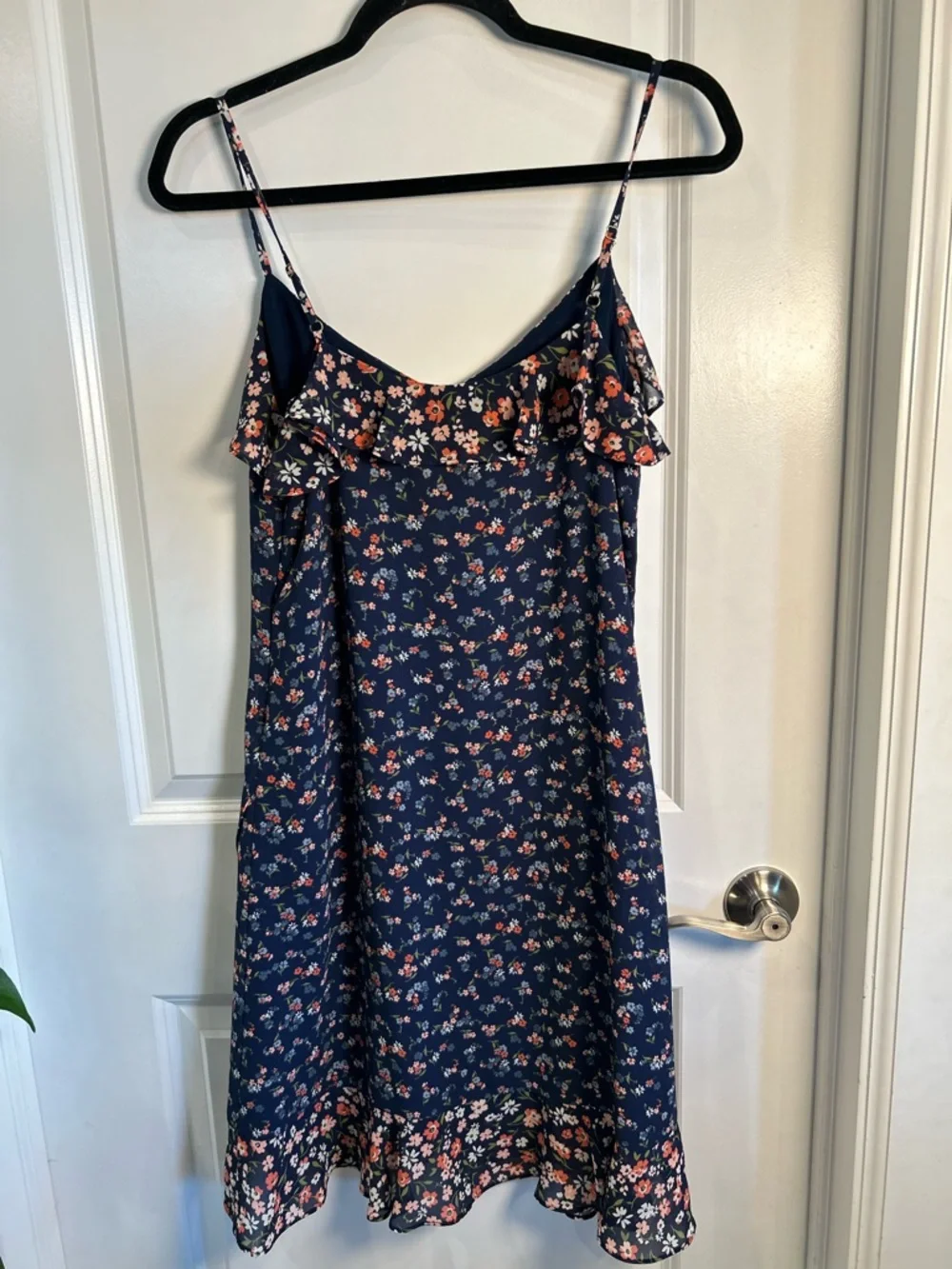 Michael Kors Navy‎ Floral Georgette Slip Dress with Ruffle Trim Size Small